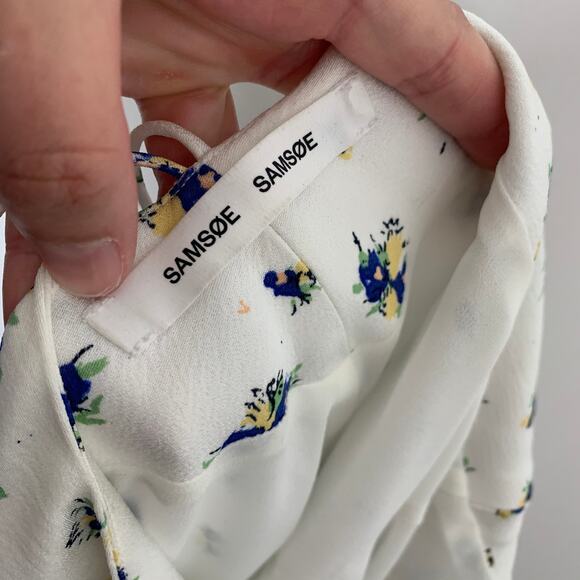 Samsøe Samsøe White Blue Floral Motif Chiffon Apples Slip Midi Dress Large - Picture 13 of 14